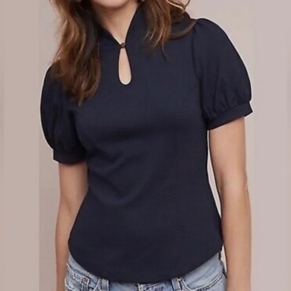 Ett Twa by Anthropologie Classic Navy Blue Keyhole Mock Neck Shortsleeve Size S